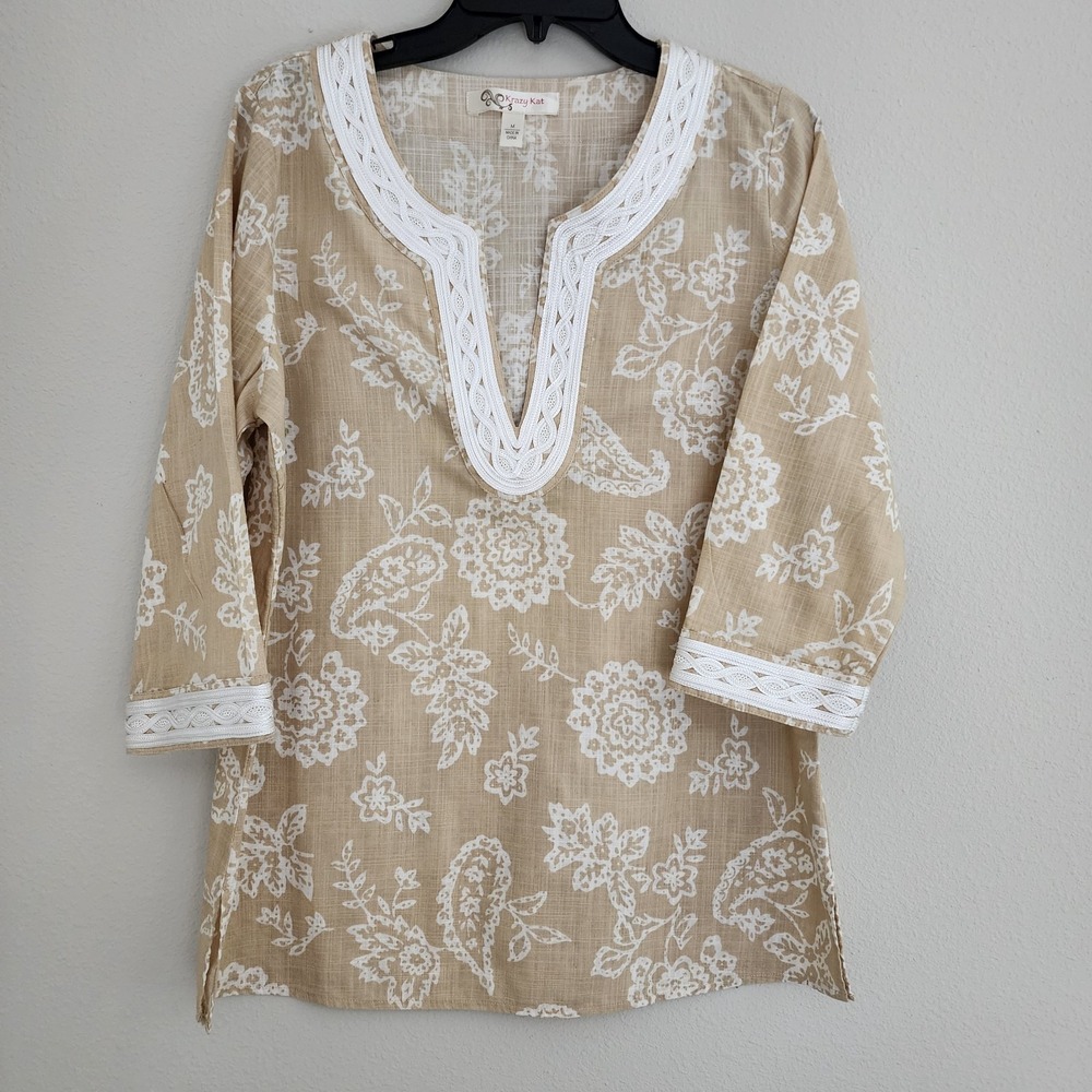 Womens Krazy Kat Lace V Neck Boho Floral Tunic Tan M White Cotton